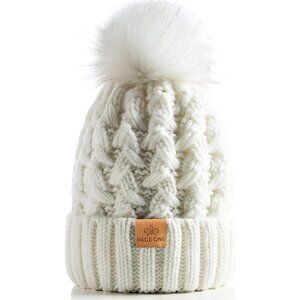 Women’s Whike Winter Ribbed Beanie Hat Chunky Cable Knit Pompom Warm